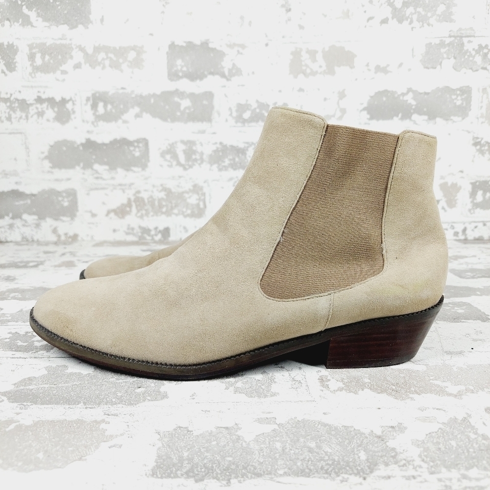 14th & Union Cream Tan Slip On Elastic Gore Block Heel Ankle Boots O348